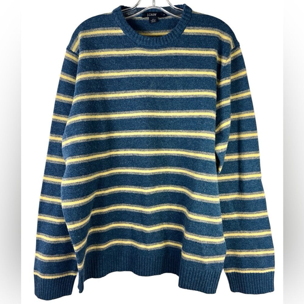 J.crew MENS lambswool sweater large blue yellow striped 61740 comfy cabin